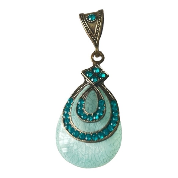 Vintage retro bohemian style turquoise rhinestones oval emerald pendant Women - Picture 6 of 10